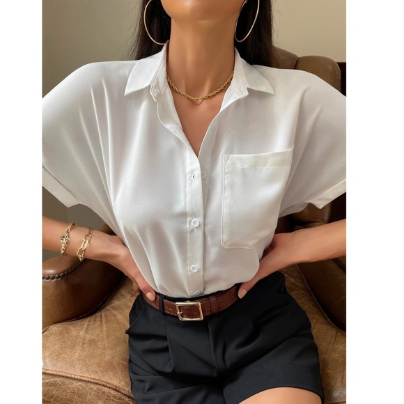 White Casual Button Up / Down Shirt Collar V-Neck Button Front Short Sleeve - Picture 7 of 17